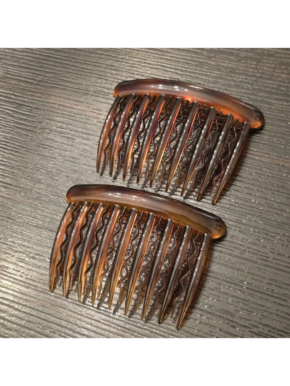 Vintage Helfrance French Tortoise Hair Combs Set Of 2 Wavy Teeth France EUC
